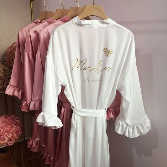 HEART, BUTTERFLY OR STARS NAME & TITLE PRINT SATIN RUFFLE ROBE (AVAILABLE IN 8 COLOURS & SIZES 8 - 20) - NEW!