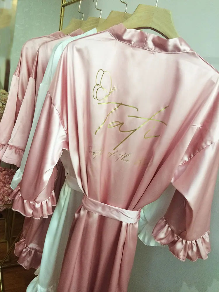 HEART, BUTTERFLY OR STARS NAME & TITLE PRINT SATIN RUFFLE ROBE (AVAILABLE IN 8 COLOURS & SIZES 8 - 20) - NEW!