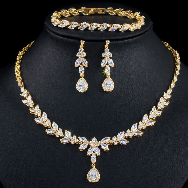 SERAPHINA GOLD 3 PIECE DELUXE CRYSTAL DROP NECKLACE, BRACELET AND EARRING SET