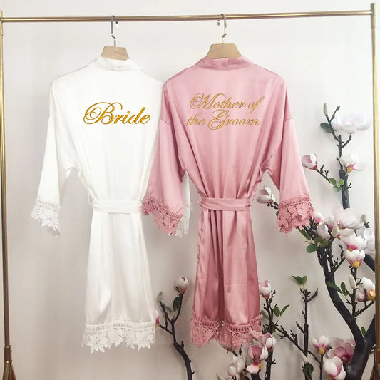 LACE EMBROIDERED BRIDE & BRIDESMAIDS SATIN ROBE (AVAILABLE IN WHITE & DUSKY ROSE & SIZES 8 - 20)