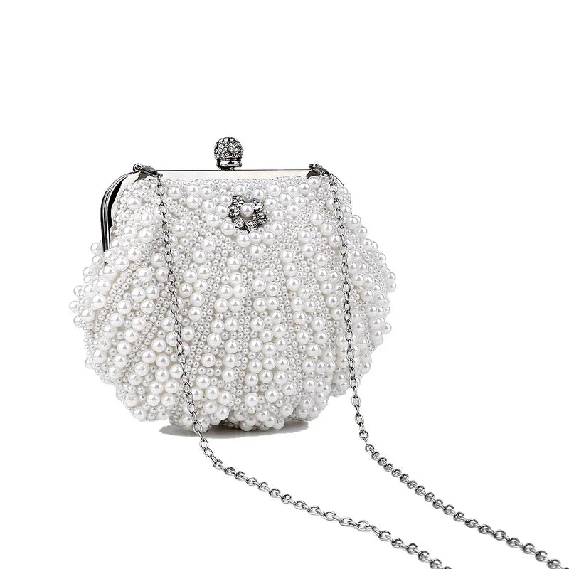 PERLA SCOLLOPED BRIDAL CLUTCH -  WHITE & PEARL WHITE