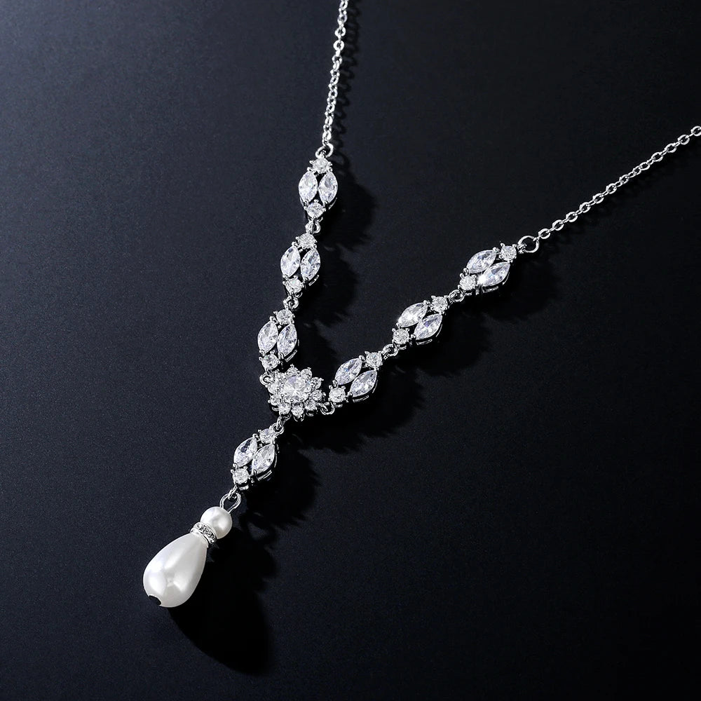 PALOMA LUXURY SIMULATED DROP PEARL AND CUBIC ZIRCONIA NECKLACE AND EARRING SET