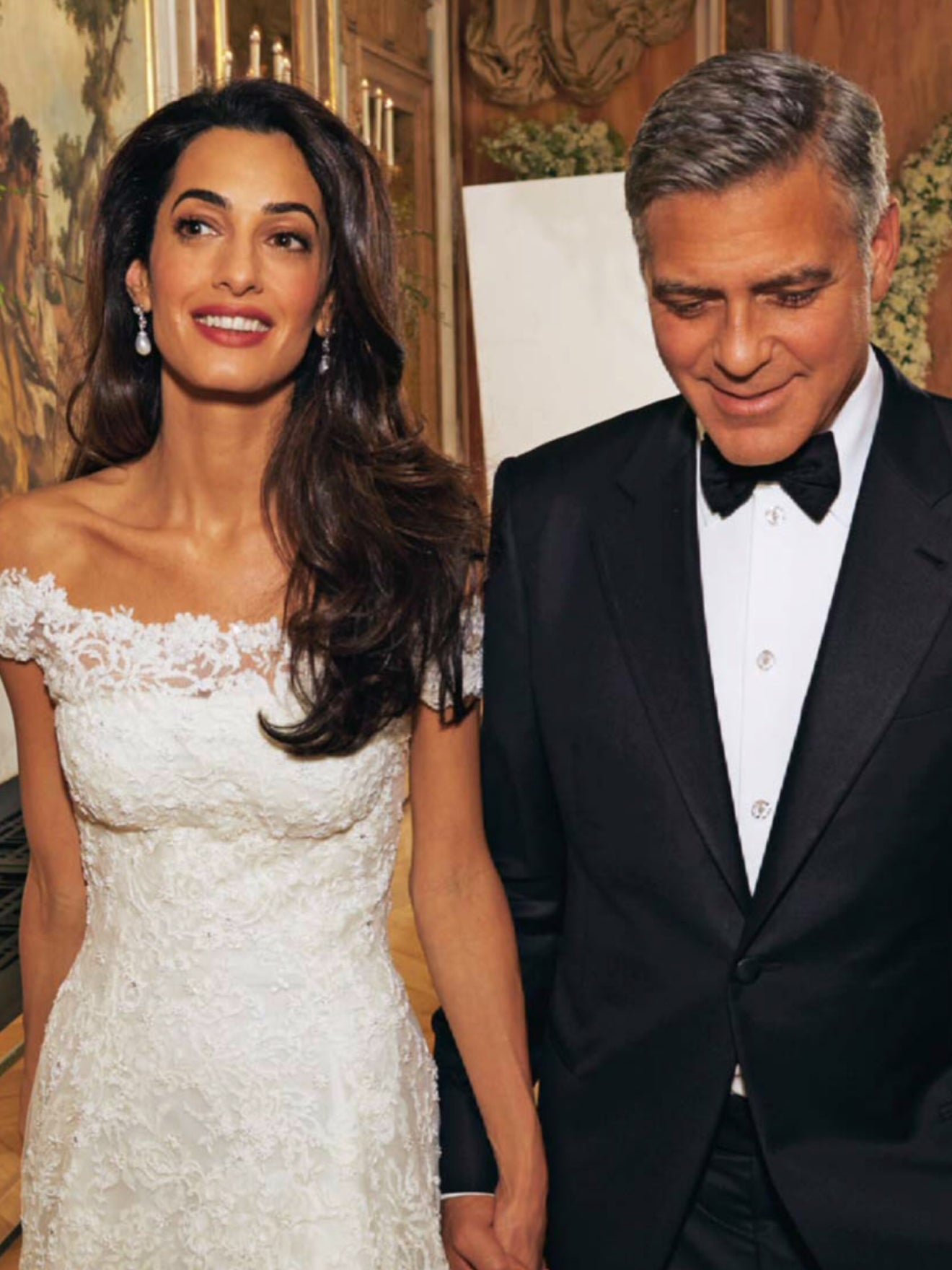 AMAL CLOONEY CELEBRITY INSPIRED CUBIC ZIRCONIA AND PEARL WEDDING EARRINGS