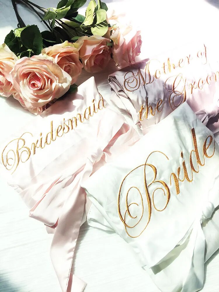 EMBROIDERED BRIDE & BRIDESMAIDS RUFFLE SATIN ROBE (AVAILABLE IN 8 COLOURS & SIZES 8 - 20)