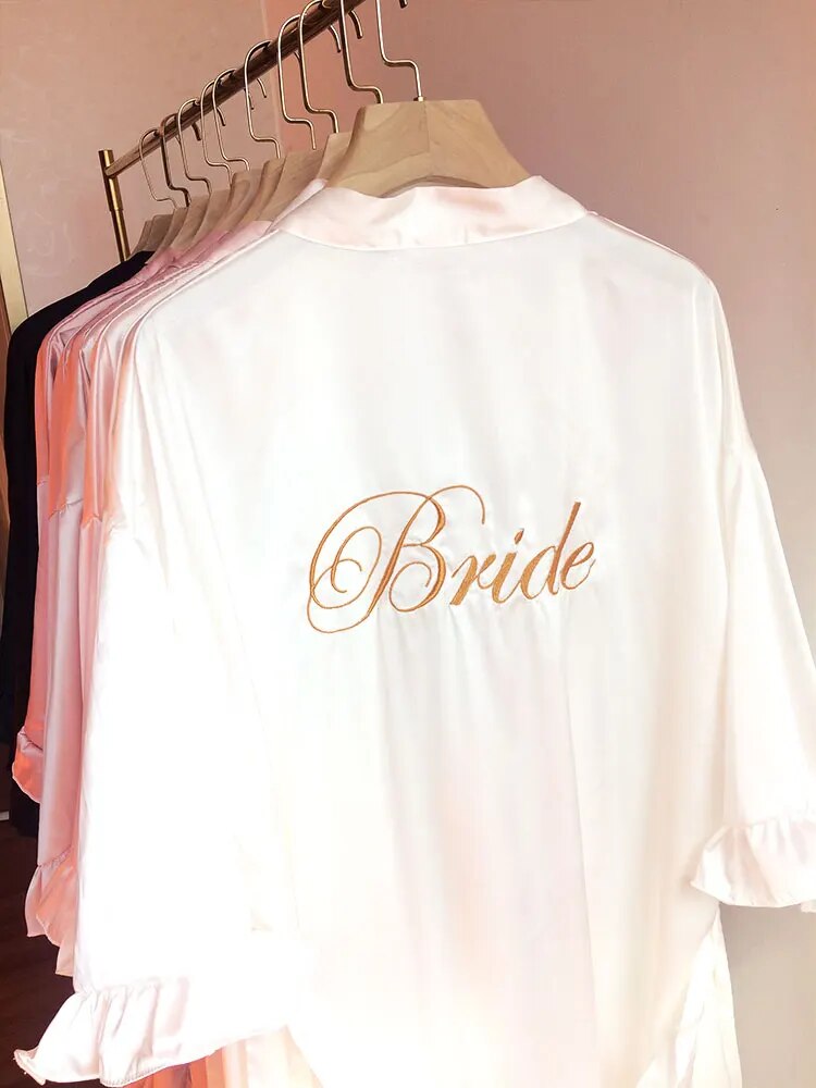 EMBROIDERED BRIDE & BRIDESMAIDS RUFFLE SATIN ROBE (AVAILABLE IN 8 COLOURS & SIZES 8 - 20)
