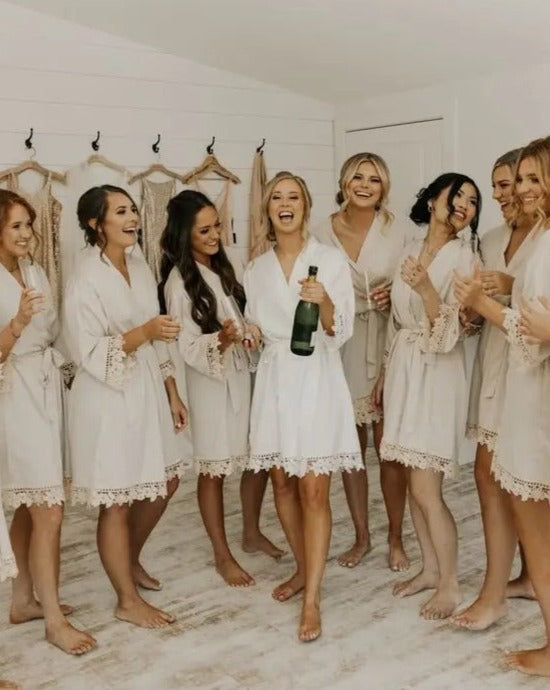 BRIDE GOLD PRINT WHITE SATIN LACE ROBE (SIZES 8 - 20)