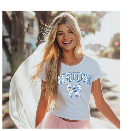 SOMETHING BLUE FLORAL VARSITY BRIDE T-SHIRT WITH SWEET BOW