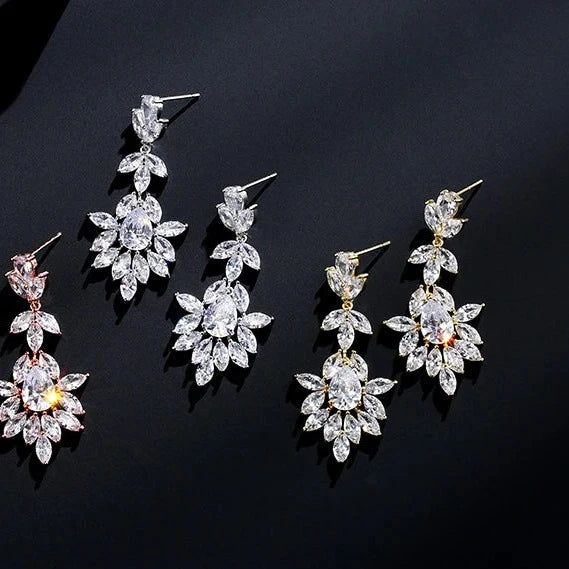 ELISE LUXURY CUBIC ZIRCONIA DROP EARRINGS IN GOLD OR SILVER