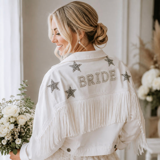 WHITE CROPPED FRINGE JACKET