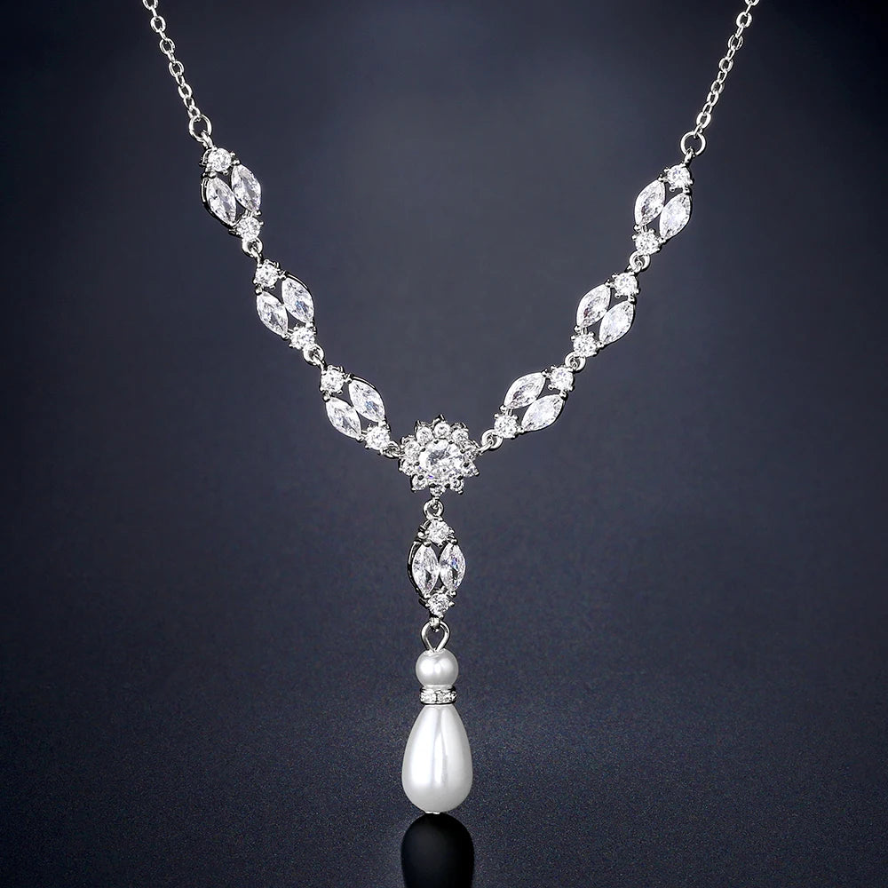 PALOMA LUXURY SIMULATED DROP PEARL AND CUBIC ZIRCONIA NECKLACE AND EARRING SET