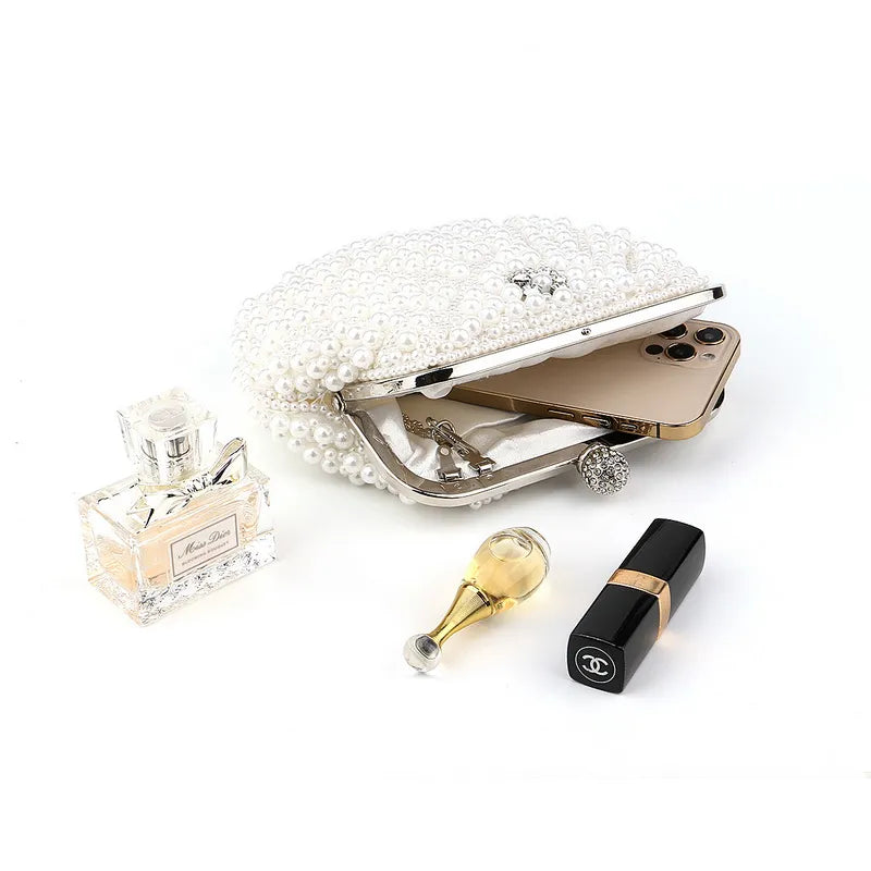 PERLA SCOLLOPED BRIDAL CLUTCH -  WHITE & PEARL WHITE