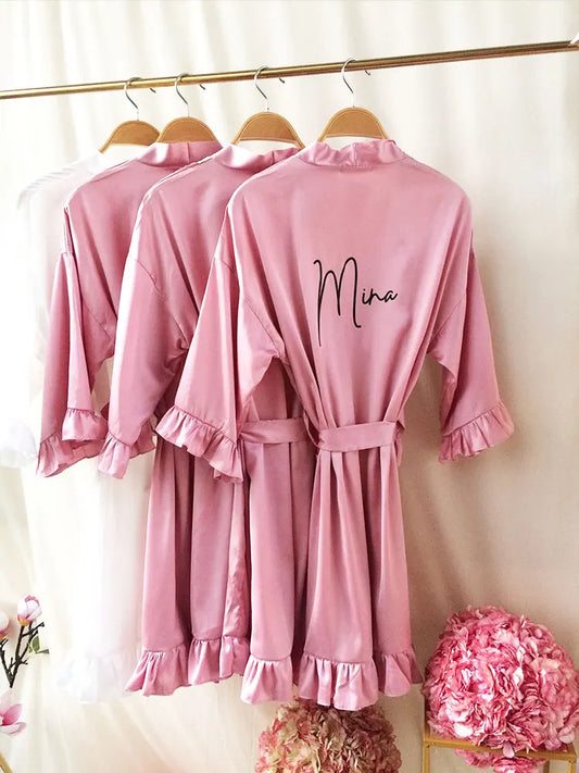 DARK ROSE FIRST NAME PERSONALISED PRINT SATIN RUFFLE ROBE (SIZES 8 - 20)