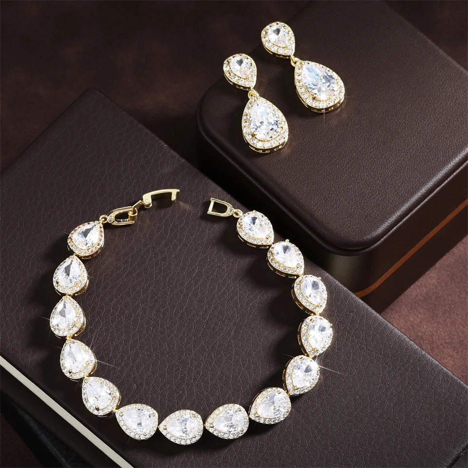 CHERISH CRYSTAL EARRING AND BRACELET SET IN GOLD OR SILVER (ALSO CLIP-ON EARRING OPTION) - NEW! 🔥