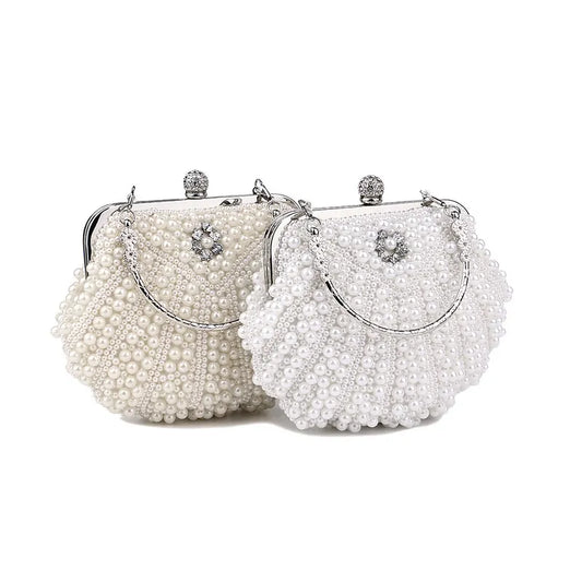 PERLA SCOLLOPED BRIDAL CLUTCH -  WHITE & PEARL WHITE