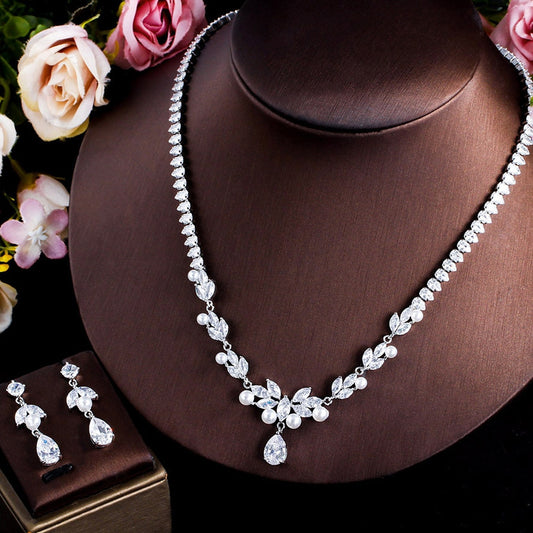 AUDREY CRYSTAL AND SIMULATED PEARL DROP NECKLACE AND EARRING SET